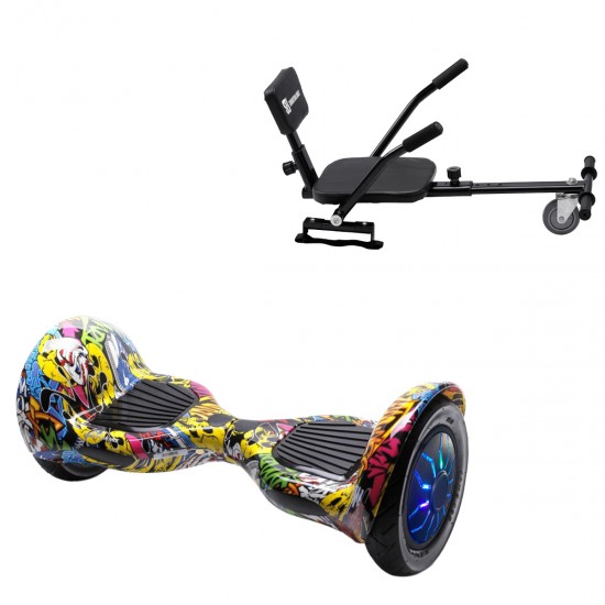 Elektromos Hoverboard csomag Komfortos Üléssel, 10 colos, Off-Road HipHop PRO, Standard Hatótávolság, Fekete Szivacsos ülés, Smart Balance