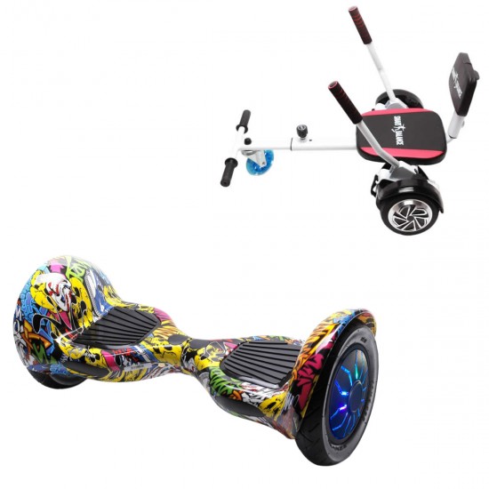 Elektromos Hoverboard csomag Komfortos Üléssel, 10 colos, Off-Road HipHop PRO, Standard Hatótávolság, Fehér Szivacsos ülés, Smart Balance