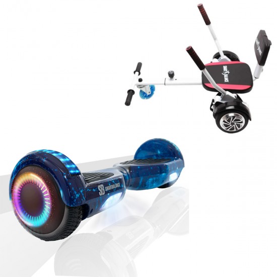 Elektromos Hoverboard csomag Komfortos Üléssel, 6.5 colos, Regular Galaxy Blue PRO, Standard Hatótávolság, Fehér Szivacsos ülés, Smart Balance