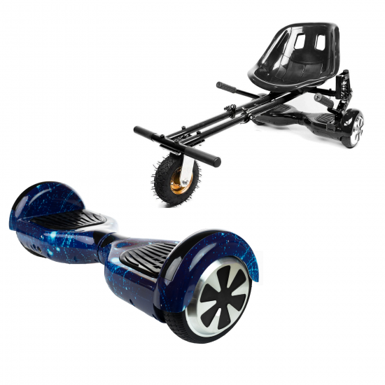 Elektromos Hoverboard GoKart Szett Lengéscsillapítókkal, 6.5 colos, Regular Galaxy Blue, Nagy Hatótávolság, Fekete HoverKart Lengéscsillapítókkal, Smart Balance