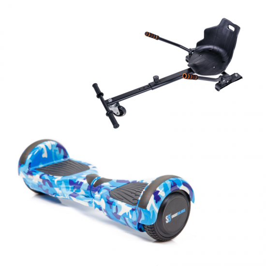 Regular Camouflage Blue fogantyúval Hoverboard Szett Ergonomikus HoverKart Üléssel - 6.5” Kerekek, Bluetooth Hangszórók, LED Fények, Önegyensúlyozás, 15km hatótávolság, 700W teljesítmény, 4Ah Samsung cellás akkumulátor, Smart Balance