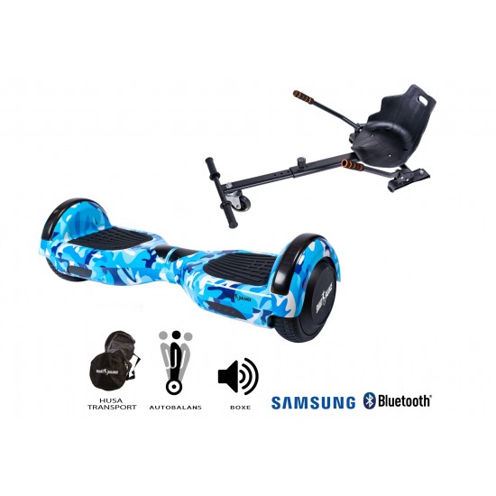 Regular Camouflage Blue Hoverboard Szett Ergonomikus HoverKart Üléssel - 6.5” Kerekek, Bluetooth Hangszórók, LED Fények, Önegyensúlyozás, 15km hatótávolság, 700W teljesítmény, 4Ah Samsung cellás akkumulátor, Smart Balance 3