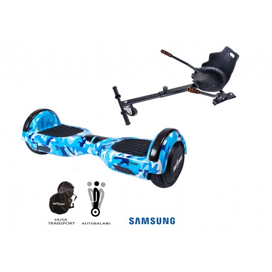 Regular Camouflage Blue Hoverboard Szett Ergonomikus HoverKart Üléssel - 6.5” Kerekek, Bluetooth Hangszórók, LED Fények, Önegyensúlyozás, 15km hatótávolság, 700W teljesítmény, 4Ah Samsung cellás akkumulátor, Smart Balance