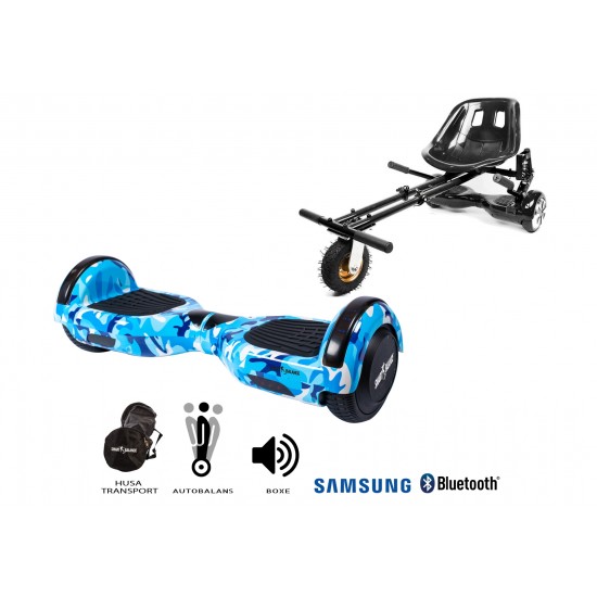 Regular Camouflage Blue Hoverboard Szett Fekete Dupla Felfüggesztésű HoverKart Üléssel - 6.5” Kerekek, Bluetooth Hangszórók, LED Fények, Önegyensúlyozás, 15km hatótávolság, 700W teljesítmény, 4Ah Samsung cellás akkumulátor, Smart Balance