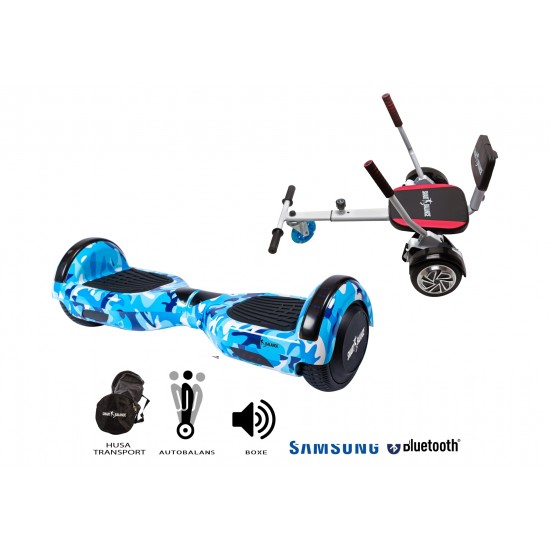 Regular Camouflage Blue Hoverboard Szett Komfortos HoverKart Üléssel - 6.5” Kerekek, Bluetooth Hangszórók, LED Fények, Önegyensúlyozás, 15km hatótávolság, 700W teljesítmény, 4Ah Samsung cellás akkumulátor, Smart Balance