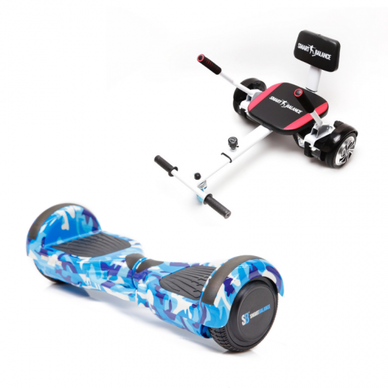 Regular Camouflage Blue fogantyúval Hoverboard Szett Komfortos HoverKart Üléssel - 6.5” Kerekek, Bluetooth Hangszórók, LED Fények, Önegyensúlyozás, 15km hatótávolság, 700W teljesítmény, 4Ah Samsung cellás akkumulátor, Smart Balance