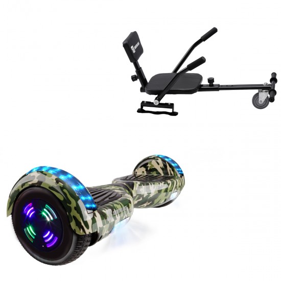 Elektromos Hoverboard csomag Komfortos Üléssel, 6.5 colos, Regular Camouflage Green Junior, Standard Hatótávolság, Fekete Szivacsos ülés, Smart Balance